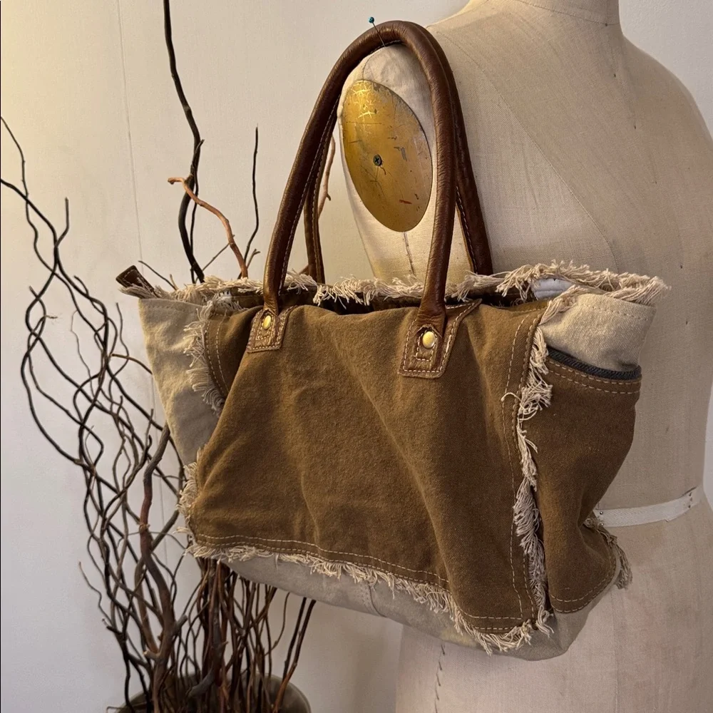 Myra Bag Rustic Brown and Tan Canvas Shoulder Bag - Picture 2 of 4